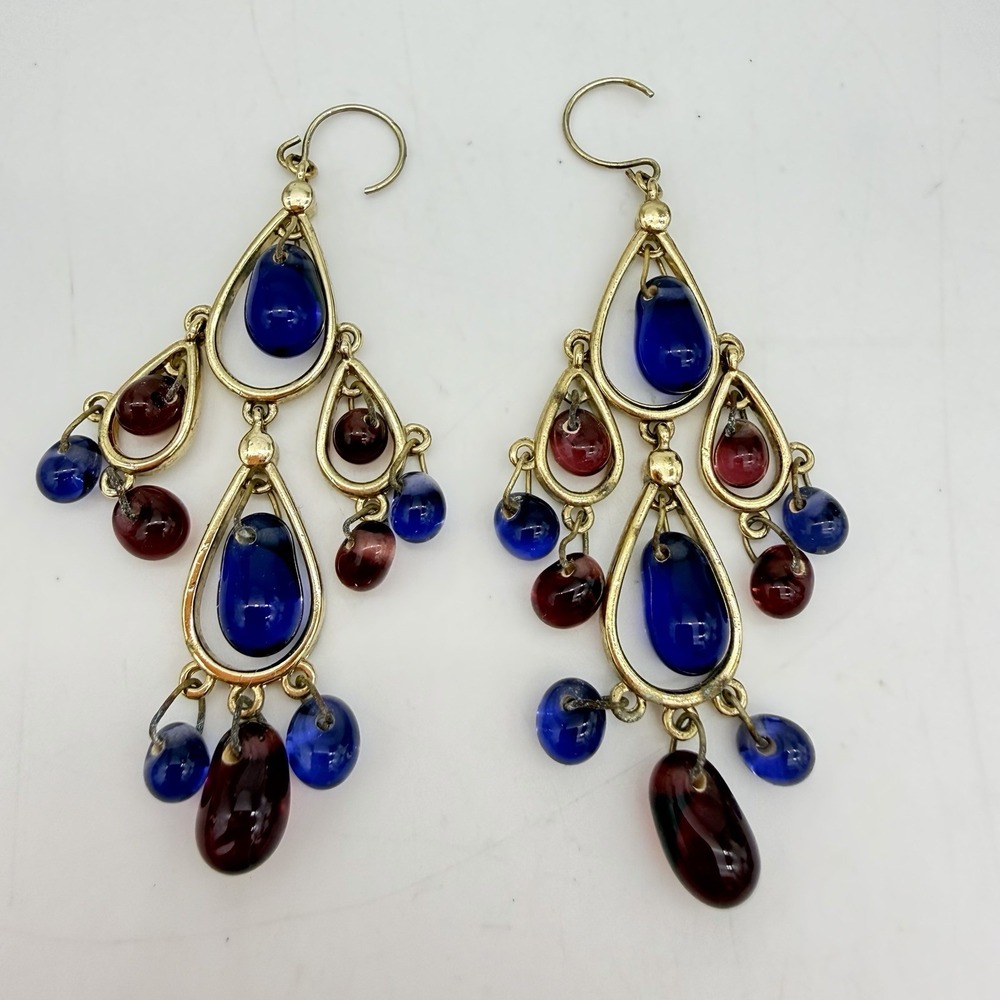 Vintage Czech Glass Chandelier Earrings Teardrop Dangle Blue Purple Long